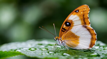 A butterfly sitting on top of a green leaf