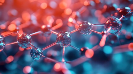 Abstract 3D rendering of a molecular structure with blue and red hues and a blurred background.