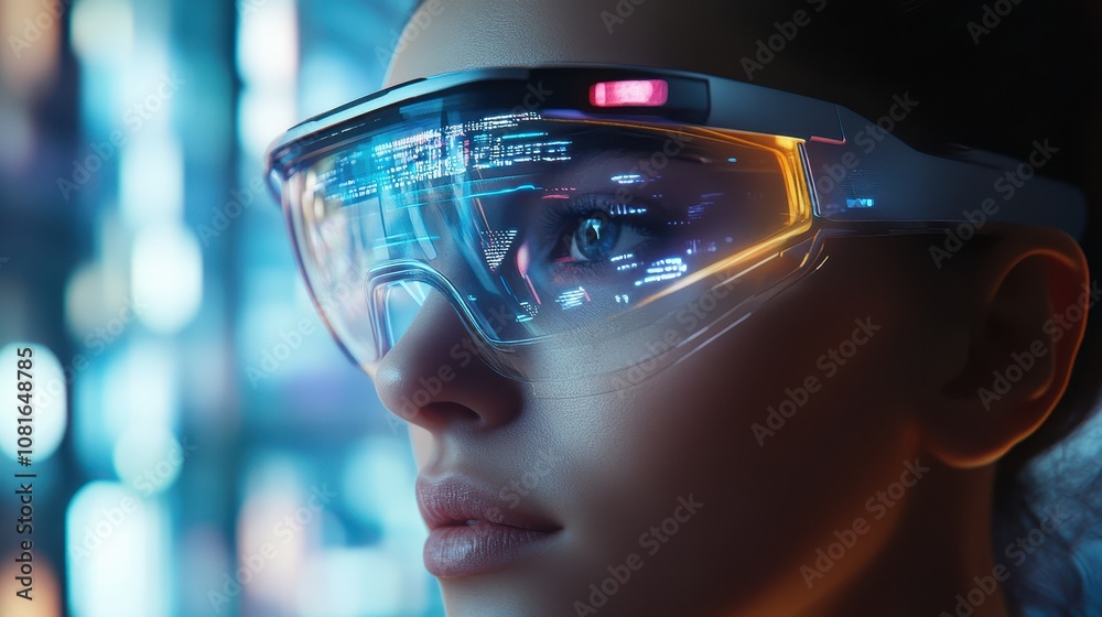 Poster futuristic augmented reality glasses with thin frames displaying interactive interfaces for a high-t