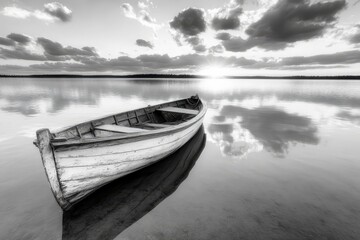 Obraz premium A boat sitting on top of a body of water under a cloudy sky