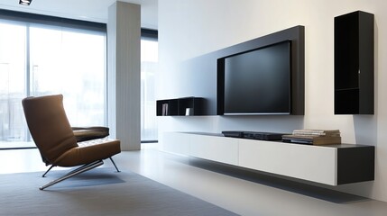Modern living room interior with a mounted TV, a chair, and a media console.