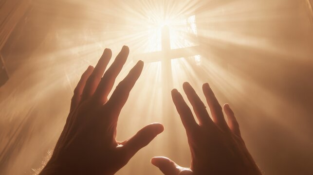 Silhouetted Hands Reaching Up Towards a Glowing Cross in the Window