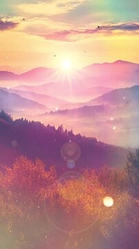 Breathtaking Sunrise Over Misty Mountain Landscape Scenery. Background. Seamless looping motion design. Video animation. A stunning sunrise casts vibrant hues over misty mountains and dense forests,