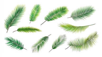A collection of ten green palm leaves isolated on a white background.