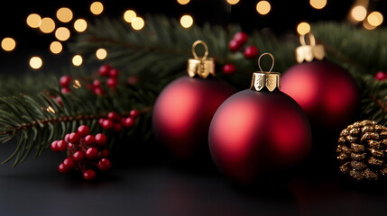 Fototapeta premium Christmas background with three red Christmas balls, pine needles and holly berries on a dark background with sparkling gold bokeh. Closeup. 