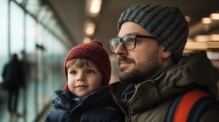 Fototapeta premium Portrait of a father and son together at the airport, capturing a moment of connection