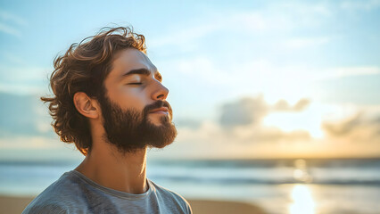Portrait of a young man taking deep breath fresh air on the beach with copy space. Relaxation and well-being concept