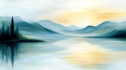 Obraz premium A painting of a lake with mountains in the background