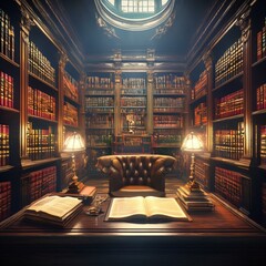 Professional Law Library with Shelves of Legal Books and Documents in an Elegant Office Setting"