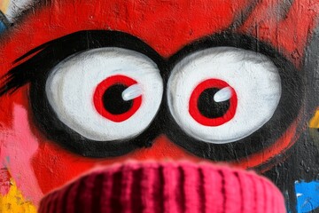 A close up of a red face painted on a wall