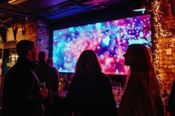 A vibrant nightlife scene featuring an illuminated screen with colorful abstract art. People engage in conversation enjoying the lively atmosphere. Generative AI