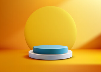 3D Turquoise Cylinder Podium on White Base with Yellow Circle Backdrop, Modern Minimal Display for Product Showcases, Mockups, and Vibrant Commercial Design