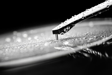 A close up of a needle sticking out of a record with water droplets on it