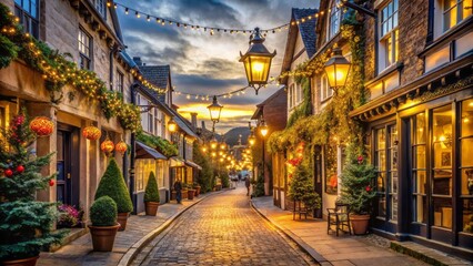 Fototapeta premium Charming Small Town Street with Antique Street Lamps and Quaint Architecture in a Picturesque Setting