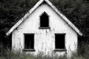 Obraz premium A small white building with three windows in the middle of a field