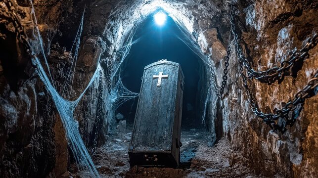 An eerie underground scene featuring an old coffin illuminated by a haunting light
