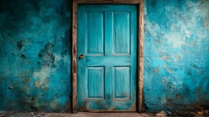 A blue door in a blue wall with peeling paint