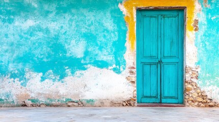A blue and yellow door on a blue and white wall