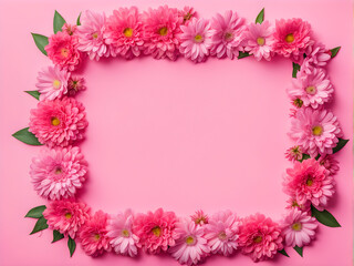 Frame of pink flowers over punchy pastel background. Valentines day, Woman day concept. Spring or summer banner with copy space