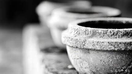 A row of stone pots sitting on top of a stone ledge