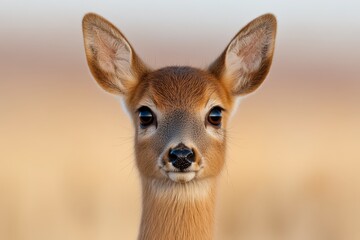  A close up of a small deer's face in a field