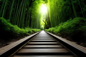 Obraz premium A train track in the middle of a lush green forest