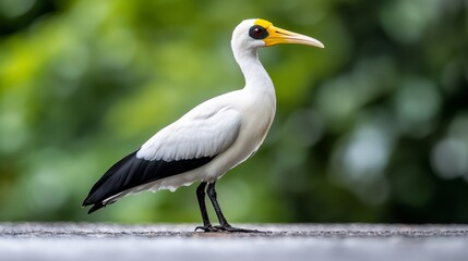 A white bird with a yellow beak standing on a ledge