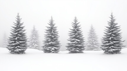 Fototapeta premium A winter forest scene with coniferous trees standing side by side on a snowy field. nobody. A dreamy scene with thick fog. Christmas, xmas, new year, year end, background.