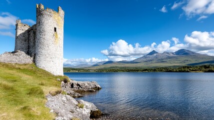 A castle sits on the shore of a lake with mountains in the background