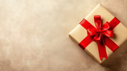 Fototapeta premium A close-up of one gift box wrapped in craft paper with a red ribbon. Isolated on beige background. Copy space. Top view. Birthday, celebration, event, anniversary, gift, packaging, decoration.