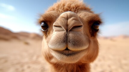  A close up of a camel's face in the desert