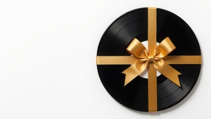 Black vinyl record wrapped with a gold ribbon and bow on a white background with copy space. Flat lay composition. Gift concept. Design for greeting card, poster, invitation, banner