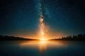 Obraz premium Stargazing over a serene lake nature nighttime peaceful cosmic wonder