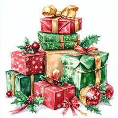 Colorful Christmas presents with festive decorations and holly leaves evoke joyful holiday spirit