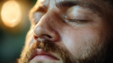 Obraz premium A close up of a man's face with his eyes closed