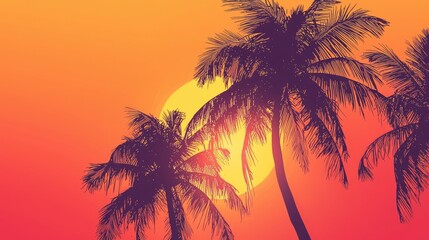 Palm trees silhouetted against a vibrant sunset.