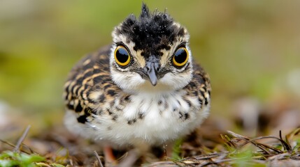 A small bird with yellow eyes standing on the ground