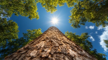 A tall tree in the middle of a forest with the sun shining through the trees