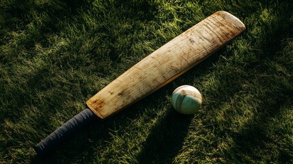A cricket bat and ball on green grass, outdoor setting with sunny weather, Natural style