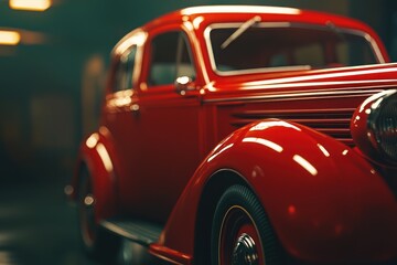 Showcase of a vintage red car auto showroom photography indoor close-up classic design