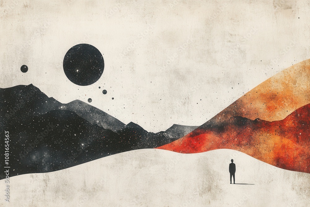 Wall mural a painting of a man standing in a desert with mountains in the background