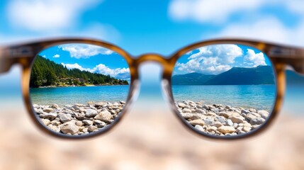 A pair of sunglasses sitting on top of a sandy beach