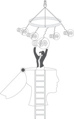 Finance Ideas Concept, bizarre businesswoman with open head catching the idea light bulb with dollar sign