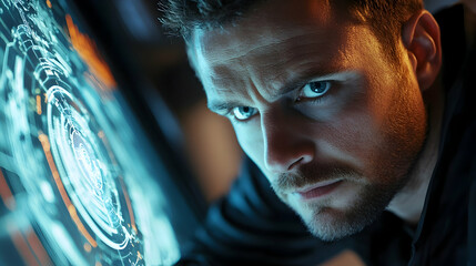Intense Man Looking at Computer Screen with Futuristic Interface - Realistic Image