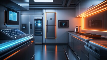A sleek, futuristic kitchen filled with energy-efficient appliances, including a solar-powered refrigerator and induction cooktop. 
