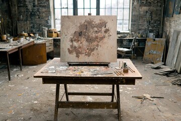 Creative process in an abandoned studio urban setting artistic workspace grunge atmosphere intimate view art inspiration