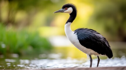Naklejka premium A black and white bird standing in the water