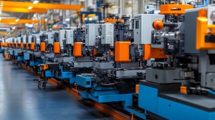 Naklejka premium A line of automated machinery in a factory setting