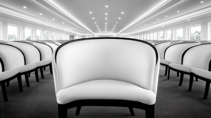 A row of white chairs in a large room