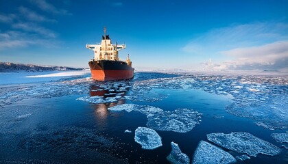 Ships and cranes in winter shipping port covered with ice and snow